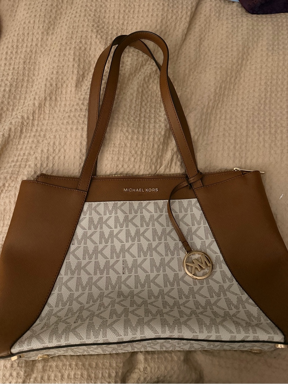 Michael Kors Tan and Cream MK Logo Tote with Gold Accent
